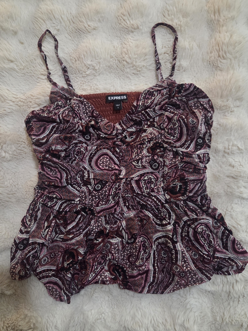 Express Women's Burgundy Paisley Smocked Cami Top